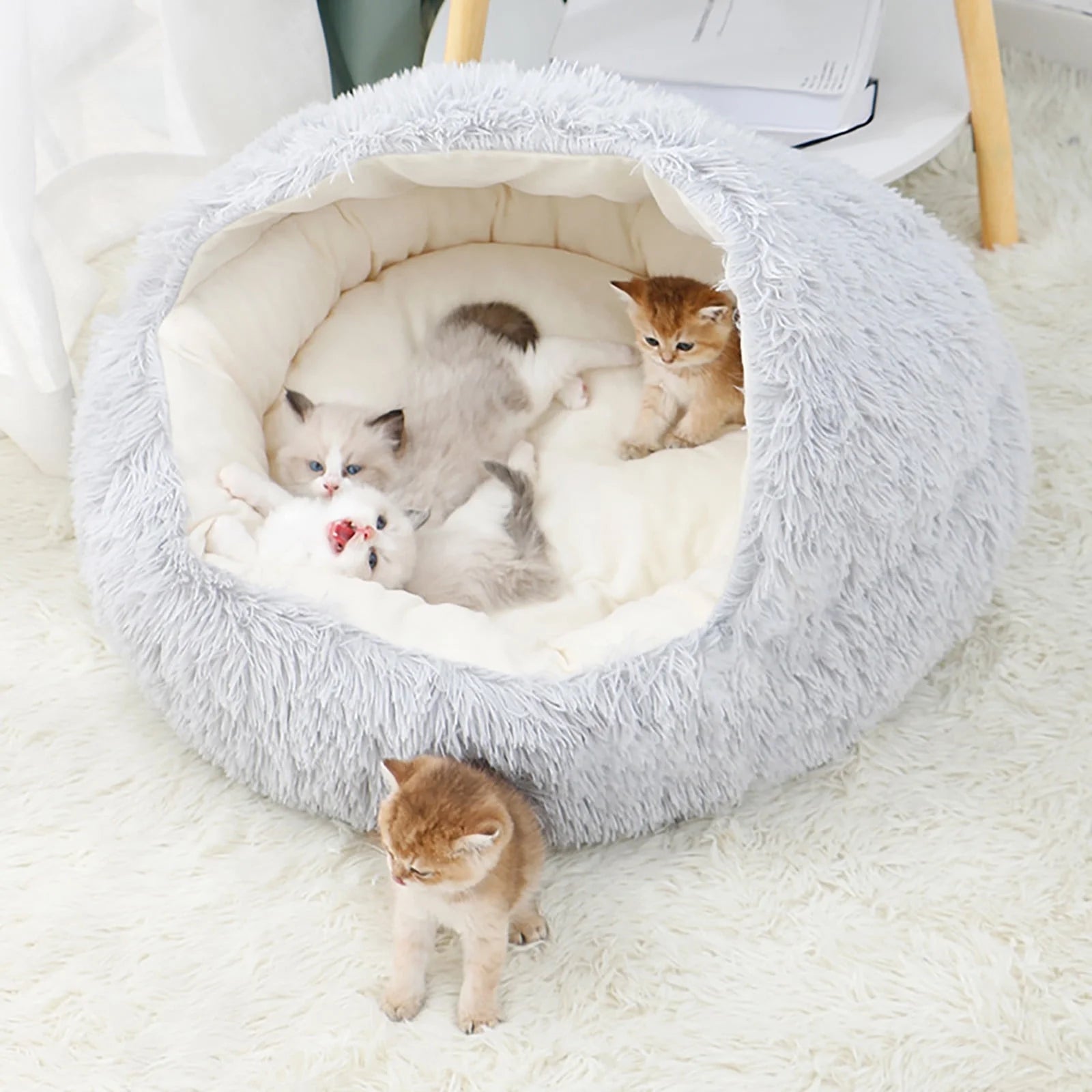 Premium Calming Dog Beds and Cat Cave with Hooded Cover, Removable and Washable Round Design for Small to Medium Pets, Anti-Slip Faux Fur for Enhanced Comfort, Suitable for Pets up to 11 lbs